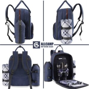 ALLCAMP OUTDOOR GEAR Picnic Backpack for 2 Person Set W/Detachable Bottle/Wine Holder, Fleece Blanket, Plates and Cutlery Set (Blue)