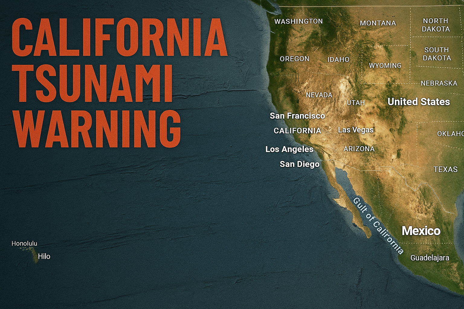 "Satellite map displaying California tsunami warning highlighting West Coast cities under tsunami threat alert."