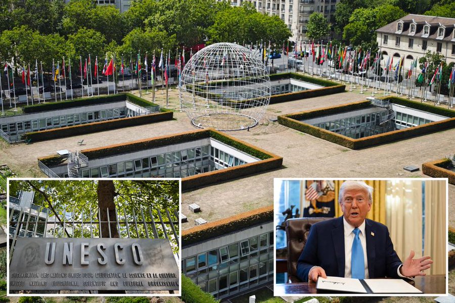 UNESCO headquarters in Paris with flags and globe sculpture, alongside President Trump signing U.S. withdrawal order.