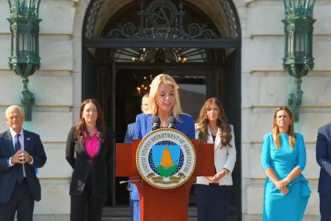 US Attorney General Pam Bondi speaking at a press conference on Russiagate 2025 grand jury investigation